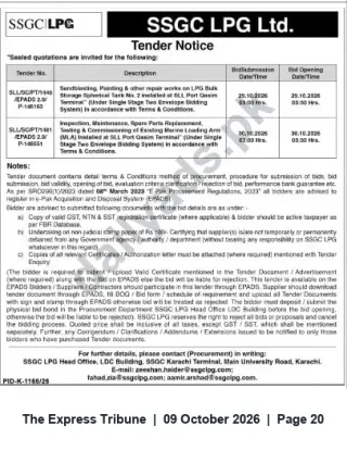 Newspaper clipping: SSGC LPG Ltd: Tenders for Tank Repair, MLA Maintenance & Spare Parts — Karachi (Oct 2026), The Express Tribune, 09 Oct 2026