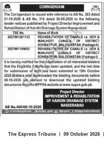 Newspaper clipping: Corrigendum: Bidding Deadline Extended to 2026-10-15 for Rehabilitation of Uch & Manjhoti Canals, Sohbatpur, The Express Tribune, 09 Oct 2026