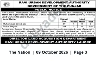 Newspaper clipping: Public Notice: Land Offered for Sale to RUDA — Mauza Bakhshay, Tehsil Ferozwala, Sheikhupura, The Nation, 09 Oct 2026
