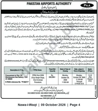 Newspaper clipping: PAA Tender: Procurement of 110 Maintenance‑Free 2V 200Ah Batteries (E-PADS Ref P146271), Nawa-i-Waqt, 09 Oct 2026