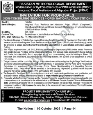 Newspaper clipping: PMD Invitation for Proposals: Establishment of Regional Media Studios (Peshawar, Lahore, Quetta), The Nation, 09 Oct 2026