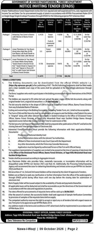 Newspaper clipping: EPADS Tender: Procurement and Supply of Plants for Bannu Forest Division (Khyber Pakhtunkhwa), Nawa-i-Waqt, 09 Oct 2026