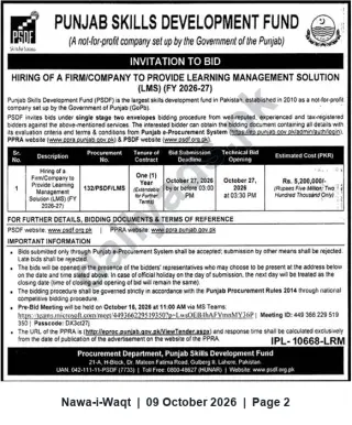 Newspaper clipping: Tender: Provision of Learning Management Solution (LMS) — PSDF (Procurement No. 132/PSDF/LMS), Nawa-i-Waqt, 09 Oct 2026
