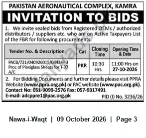 Newspaper clipping: PAC Kamra Tender: Procurement of Plexiglass Sheets for T-37 (PACB/721/040926015/0843/P-3), Nawa-i-Waqt, 09 Oct 2026