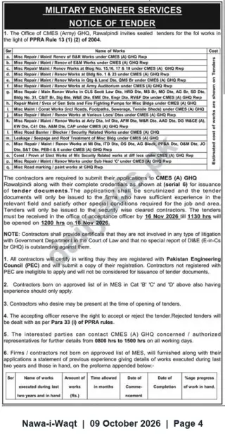 Newspaper clipping: MES (Army) GHQ Rawalpindi Notice of Tender for Miscellaneous Repair, Maintenance & Renovation Works — Closing 2026-11-16, Nawa-i-Waqt, 09 Oct 2026