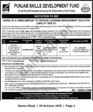Newspaper clipping: PSDF Invitation to Bid — Learning Management Solution (LMS) FY 2026-27, Nawa-i-Waqt, 09 Oct 2026