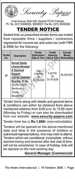 Newspaper clipping: Tender: Annual Oracle License Renewal & Technical Support — Security Papers Limited, Karachi, The News International, 10 Oct 2026