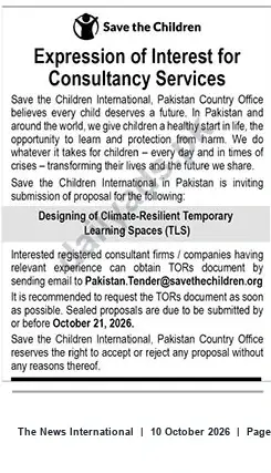 Newspaper clipping: EOI: Consultancy to Design Climate‑Resilient Temporary Learning Spaces — Save the Children Pakistan, The News International, 10 Oct 2026