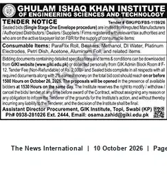 Newspaper clipping: GIK Institute Tender for Laboratory Consumables (Tender # GIKIPO F85-1159/26), The News International, 10 Oct 2026