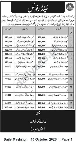 Newspaper clipping: Tender Notice — Cantonment Board Invites Sealed Tenders for Listed Property Lots, Daily Mashriq, 10 Oct 2026