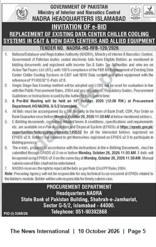 Newspaper clipping: NADRA e-Bid: Replacement of Data Center Chiller Cooling Systems — Tender No. NADRA-HQ-RFB-120/2026, The News International, 10 Oct 2026
