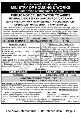 Newspaper clipping: E‑Bids: Long‑Term Lease & Redevelopment of Federal Lodge No. II, Garden Road, Karachi (EPADS D11136), The News International, 10 Oct 2026