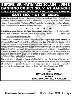 Newspaper clipping: Banking Court Summons: Habib Bank Limited v. Syed Muhammad Ahmed (Suit No. 151/2026), The News International, 10 Oct 2026