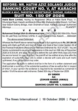 Newspaper clipping: Summons in Suit No. 150/2026 — Habib Bank Limited v. Muhammad Shafqat Ullah (Banking Court No. V, Karachi), The News International, 10 Oct 2026
