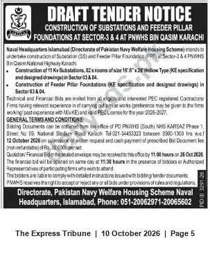 Newspaper clipping: Tender: Construction of 11 kV Substations & Feeder Pillar Foundations — PNWHS Bin Qasim, Karachi, The Express Tribune, 10 Oct 2026
