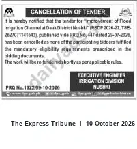 Newspaper clipping: Tender Cancelled: Improvement of Flood Irrigation Channel at Dank, Nushki (PSDP 2026-27), The Express Tribune, 10 Oct 2026