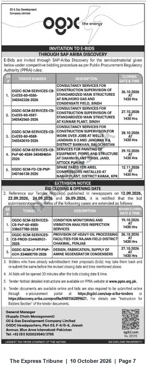 Newspaper clipping: OGDCL Invitation to E‑Bids via SAP‑Ariba — Multiple Construction, Services and Spare‑parts Tenders, The Express Tribune, 10 Oct 2026
