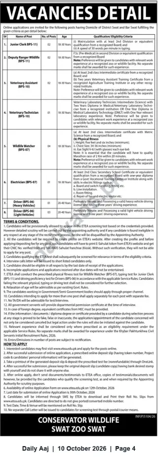 Newspaper clipping: Swat Zoo Vacancies — Junior Clerk, Rangers, Veterinary Staff, Watchers, Electrician & Drivers, Daily Aaj, 10 Oct 2026