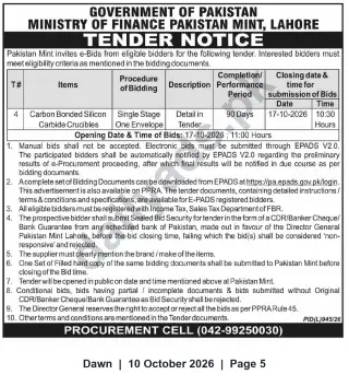 Newspaper clipping: Pakistan Mint Lahore Tender for Carbon Bonded Silicon Carbide Crucibles, Dawn, 10 Oct 2026