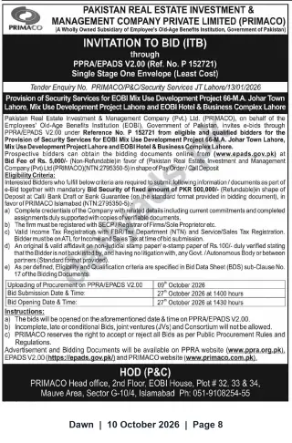 Newspaper clipping: PRIMACO Invitation to Bid for Security Services — EOBI Mixed-Use Development & Hotel, Johar Town Lahore, Dawn, 10 Oct 2026