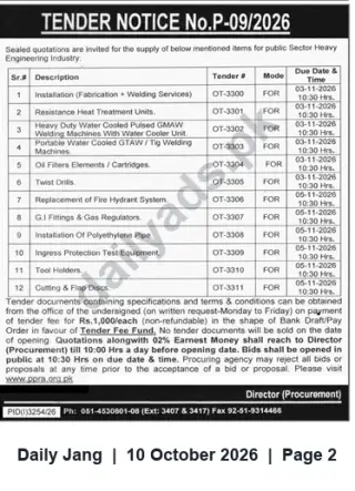 Newspaper clipping: Tender Notice P-09/2026 — Supply & Services for Public Sector Heavy Engineering Industry, Jang, 10 Oct 2026
