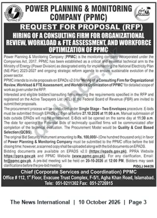 Newspaper clipping: RFP: Organizational Review, Workload & FTE Assessment and Workforce Optimization — PPMC, The News International, 10 Oct 2026