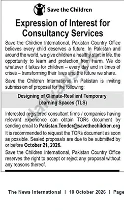 Newspaper clipping: EOI: Consultancy to Design Climate-Resilient Temporary Learning Spaces (TLS) — Save the Children Pakistan, The News International, 10 Oct 2026