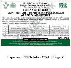 Newspaper clipping: Corrigendum: Joint Venture for Hyper Retail Mall (Azalea) — Punjab CBD Authority, Express, 10 Oct 2026