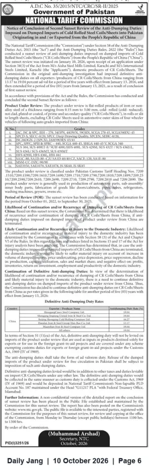 Newspaper clipping: NTC Concludes Second Sunset Review — Anti‑Dumping Duties on Cold‑Rolled Steel Coils/Sheets from China (Effective 2026-01-13), Jang, 10 Oct 2026