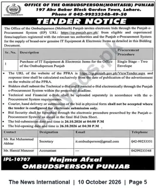 Newspaper clipping: Tender for Supply of IT & Electronic Equipment for Office of the Ombudsperson (Mohtasib) Punjab, Lahore, The News International, 10 Oct 2026