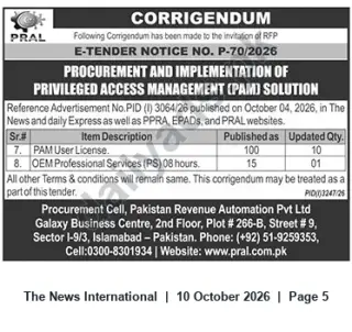 Newspaper clipping: Corrigendum: PRAL E-Tender P-70/2026 — Privileged Access Management (PAM) Solution, The News International, 10 Oct 2026