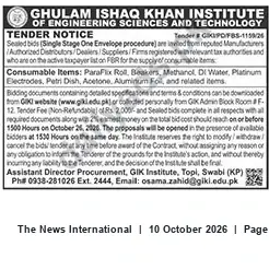Newspaper clipping: GIK Institute Tender for Laboratory Consumables — Tender GIK/PO FBS-1159/26, The News International, 10 Oct 2026