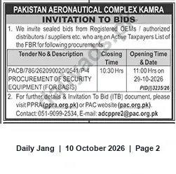 Newspaper clipping: Pakistan Aeronautical Complex (Kamra) Invitation to Bid — Procurement of Security Equipment (Tender PACB/786/262090020/0541/P-4), Jang, 10 Oct 2026