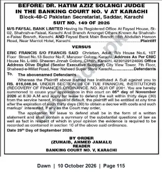 Newspaper clipping: Banking Court Karachi: Suit No. 149/2026 – Faysal Bank Limited v. Individual (Recovery of Rs. 816,046.94), Dawn, 10 Oct 2026