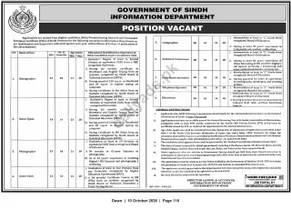 Newspaper clipping: Government of Sindh Information Department — Multiple Vacancies (Stenographer, Steno Typist, Photographer, Junior Clerk & Technical Posts), Dawn, 10 Oct 2026