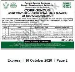 Newspaper clipping: Corrigendum: Joint Venture - Hyper Retail Mall (Azalea) at CBD Quaid District, Express, 10 Oct 2026