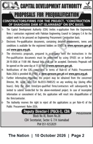Newspaper clipping: CDA Prequalification: Contractors for Shahdara Dam EPC Project, Islamabad, The Nation, 10 Oct 2026