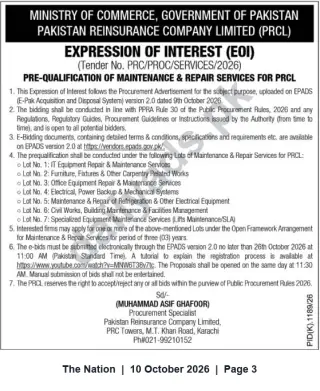 Newspaper clipping: PRCL Expression of Interest: Pre-Qualification for Maintenance & Repair Services (Tender No. PRC/PROC/SERVICES/2026), The Nation, 10 Oct 2026