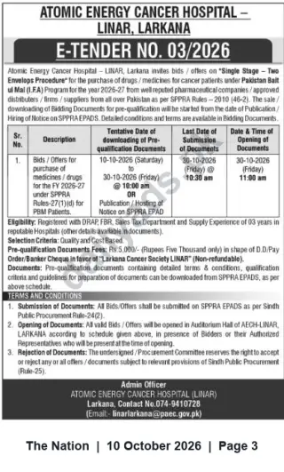 Newspaper clipping: E-Tender No. 03/2026 – Supply of Medicines/Drugs for FY 2026-27 | Atomic Energy Cancer Hospital (LINAR), Larkana, The Nation, 10 Oct 2026
