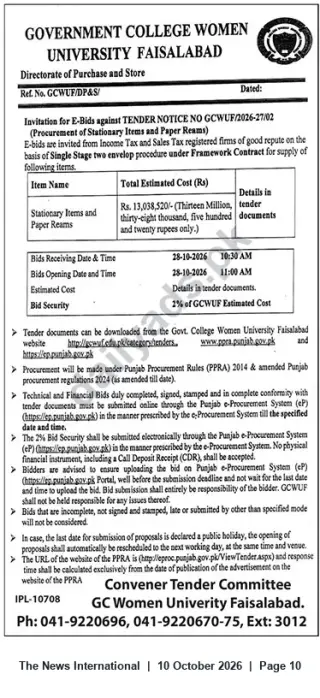 Newspaper clipping: GC Women University Faisalabad Tender for Stationery Items and Paper Reams (E-Bids), The News International, 10 Oct 2026