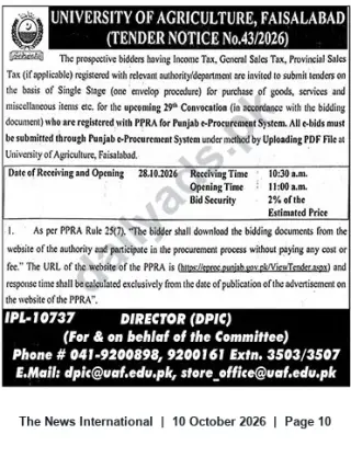 Newspaper clipping: University of Agriculture Faisalabad Tender No.43/2026 for 29th Convocation Supplies, The News International, 10 Oct 2026