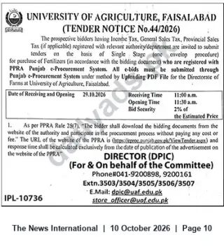 Newspaper clipping: University of Agriculture Faisalabad Tender No.44/2026 — Supply of Fertilizers (e-Procurement), The News International, 10 Oct 2026