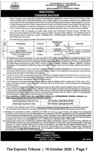 Newspaper clipping: Punjab S&GAD Motor Transport Wing Tender for Tyres, Batteries and Filters, The Express Tribune, 10 Oct 2026