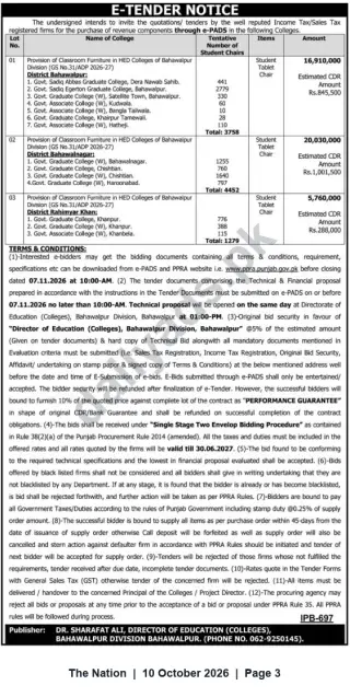 Newspaper clipping: E-Tender for Supply of Classroom Furniture to HED Colleges, Bahawalpur Division, The Nation, 10 Oct 2026