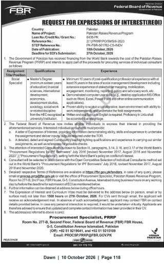 Newspaper clipping: FBR Request for Expressions of Interest — Social Specialist for Pakistan Raises Revenue Program, Dawn, 10 Oct 2026