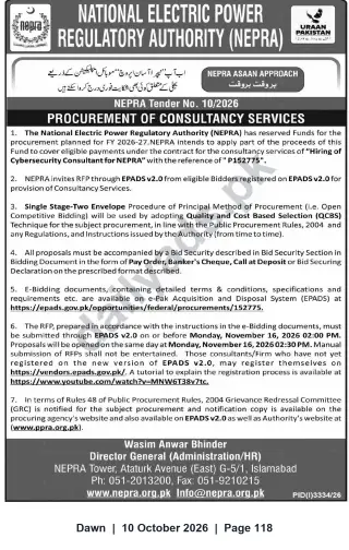 Newspaper clipping: NEPRA Tender No. 10/2026 — Procurement of Consultancy Services for Hiring Cybersecurity Consultant (P152775), Dawn, 10 Oct 2026