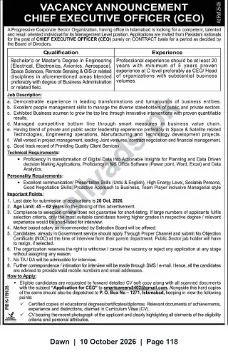 Newspaper clipping: Chief Executive Officer (CEO) Vacancy — Islamabad, Dawn, 10 Oct 2026