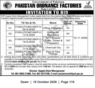 Newspaper clipping: Pakistan Ordnance Factories (Wah Cantt) Invitation to Bid for Stationery, TPT Spares, Charcoal and Pipe Fittings (Closing 2026-11-12), Dawn, 10 Oct 2026