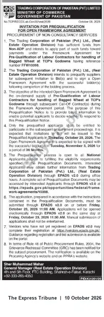 Newspaper clipping: TCP Invites Expression of Interest for Handling of Bagged Wheat under Open Form Forward Agreement, The Express Tribune, 10 Oct 2026