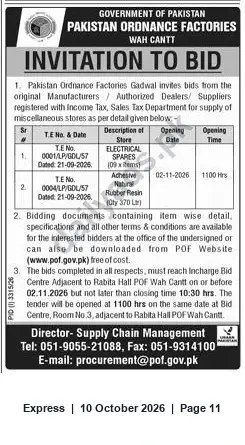 Newspaper clipping: POF Wah Cantt Tender: Electrical Spares & Natural Rubber Resin (Closing 2026-11-02), Express, 10 Oct 2026